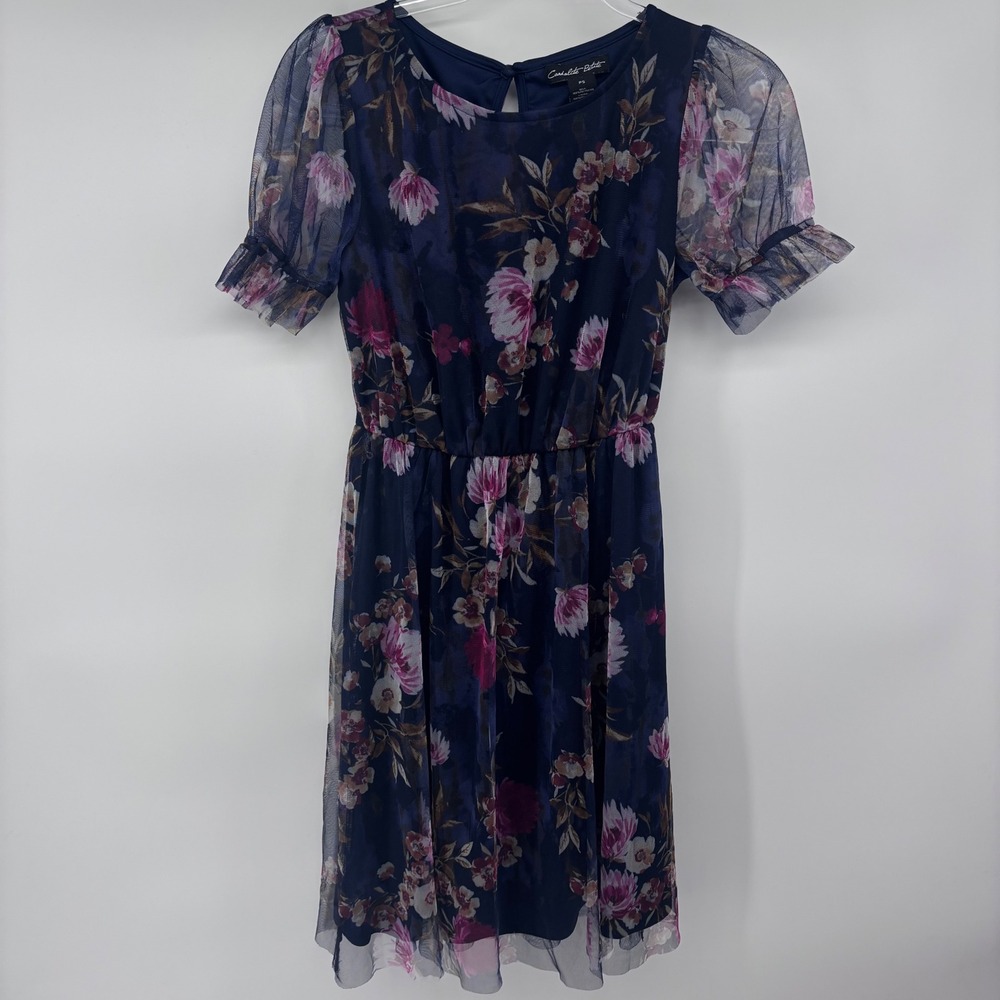 Candalite Petite Floral Mesh Dress Women's PS Petite Short Sleeve Party Cocktail